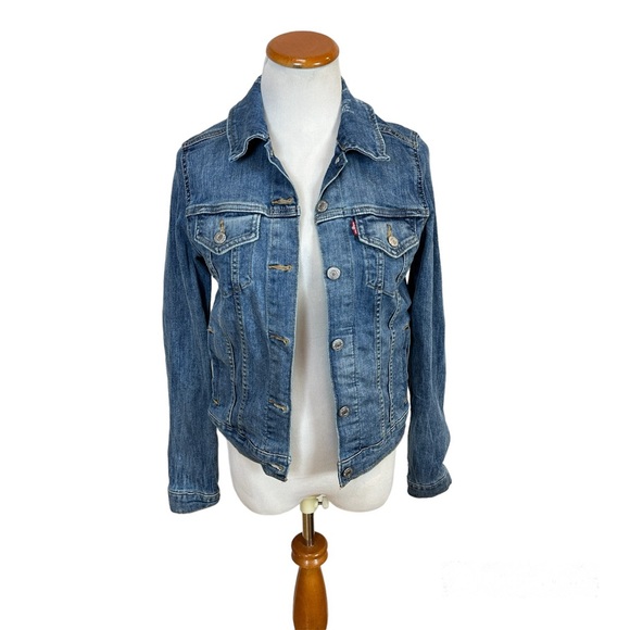 Levi’s Jean Jacket Medium Wash Denim Trucker Distressed‎ Women’s Sz Small - Picture 1 of 7